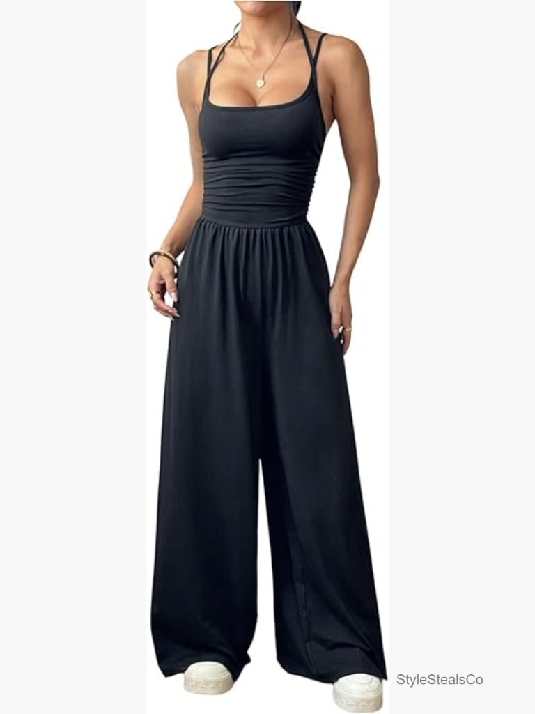 Women's Spaghetti Strap Wide Leg Jumpsuit Romper Sleeveless Ruched